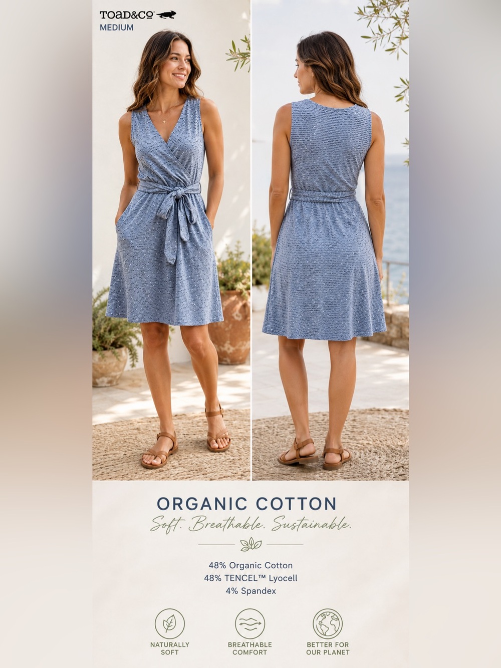 Toad&Co Organic Cotton Cue Wrap Dress Womens sz Med  blue Sleeveless Tie Waist